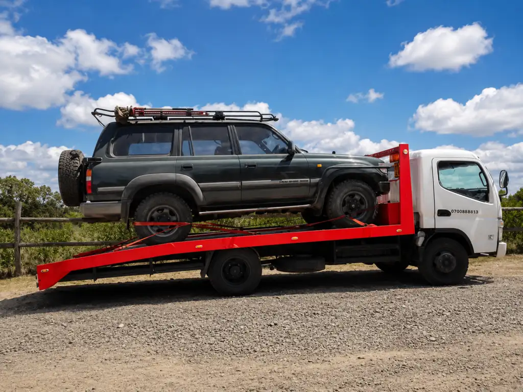 Camión de remolque transportando un vehículo todoterreno averiado